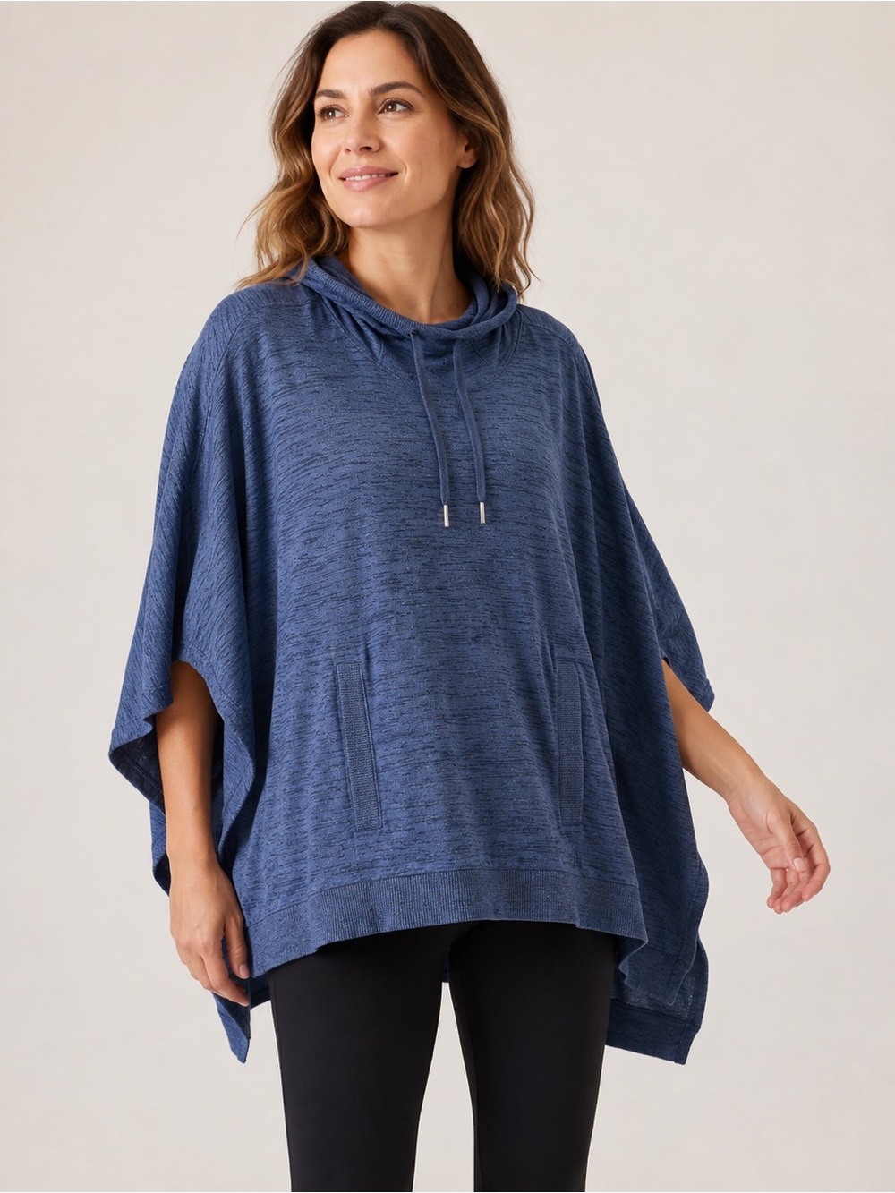 Athleta Blue Hooded Poncho Top M/L Batwing Open Sides High Low Hem Pockets